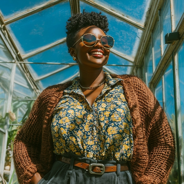 Smiling woman in floral shirt brown cardigan in greenhouse 