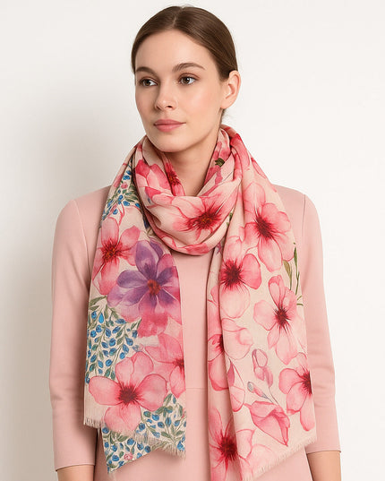 Premium Quality Floral Printed Scarf Silk and Wool Mix Lightweight MSW104