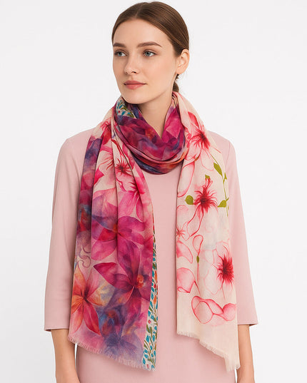 Premium Quality Floral Printed Scarf Silk and Wool Mix Lightweight MSW104