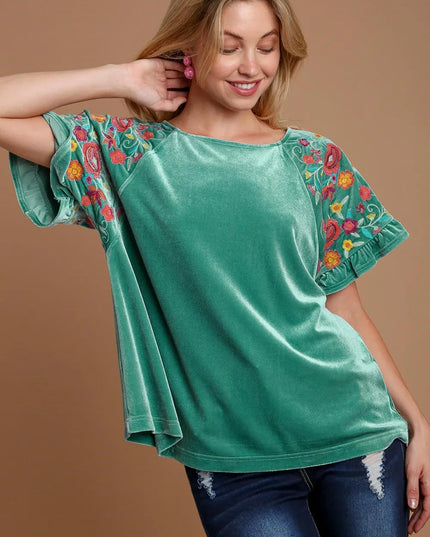 Woman wearing a teal/mint top with floral embroidery on sleeves against a brown background