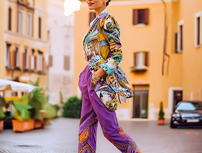 Woman in colorful outfit walking on a street with buildings in the background