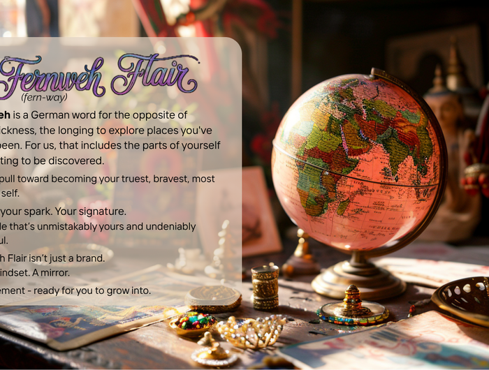 Fernweh Flair brand story text beside a vintage globe and eclectic decor, symbolizing exploration and self-discovery.