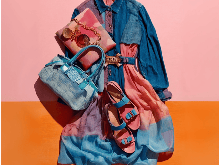 Flat lay of a denim and color block dress styled with a denim handbag, pink-and-blue sandals, patterned clutch, and gold jewelry on a pink and orange background.