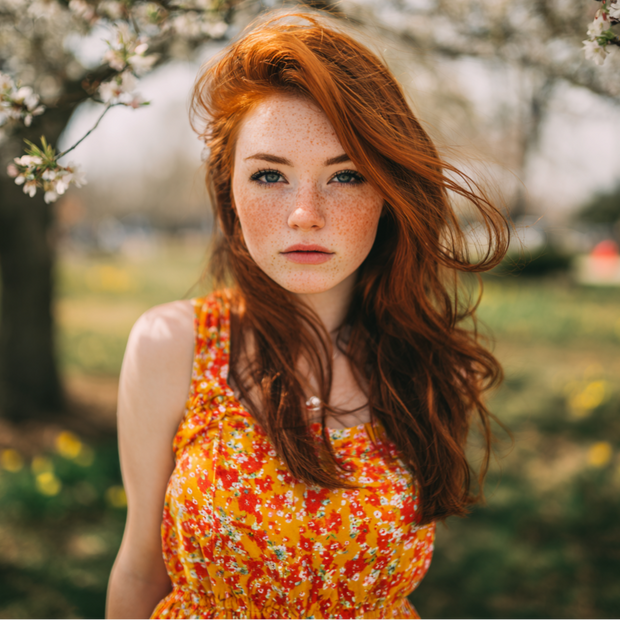 red headed woman with freckles in summer dress at park