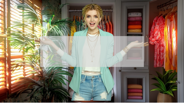 Smiling woman in a mint blazer and ripped jeans standing in front of a colorful closet with folded clothes and dresses, arms open as if presenting styling options.