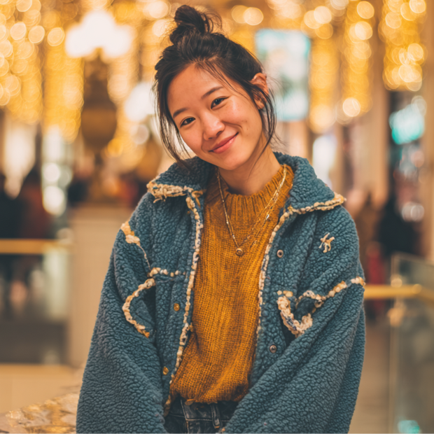smiling woman in sweater at mall